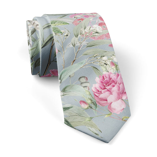 Floral Multicoloured Eucalyptus and Rose Grey Tie
