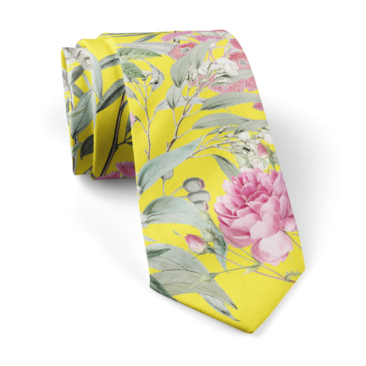 Floral Multicoloured Eucalyptus and Rose Bright Yellow Tie
