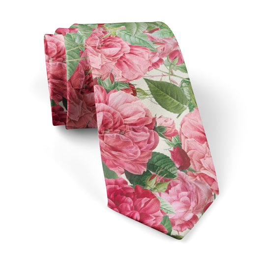 Bright Pink Roses & Foliage White Floral Tie