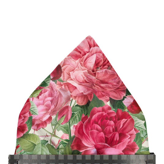 Bright Pink Roses & Foliage White Pocket Square