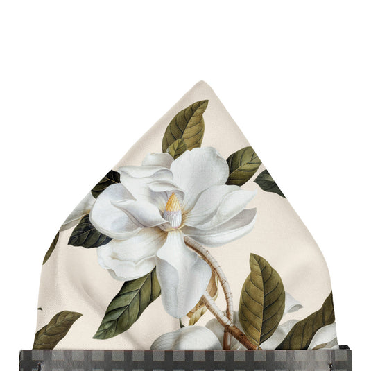 White Magnolia Flowers & Foliage Parchment Pocket Square