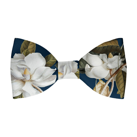 White Magnolia Flowers & Foliage Navy Blue Bow Tie