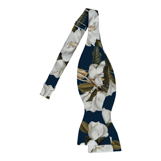 White Magnolia Flowers & Foliage Navy Blue Bow Tie