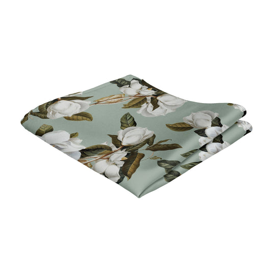 White Magnolia Flowers & Foliage Sage Green Pocket Square