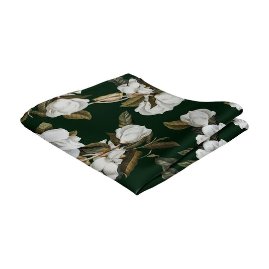 White Magnolia Flowers & Foliage Dark Green Pocket Square