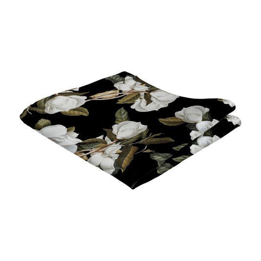 White Magnolia Flowers & Foliage Black Pocket Square