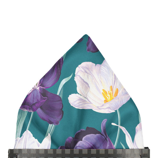Large White & Purple Tulips Teal Pocket Square