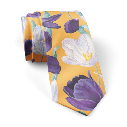 Large White & Purple Tulips Saffron Yellow Tie