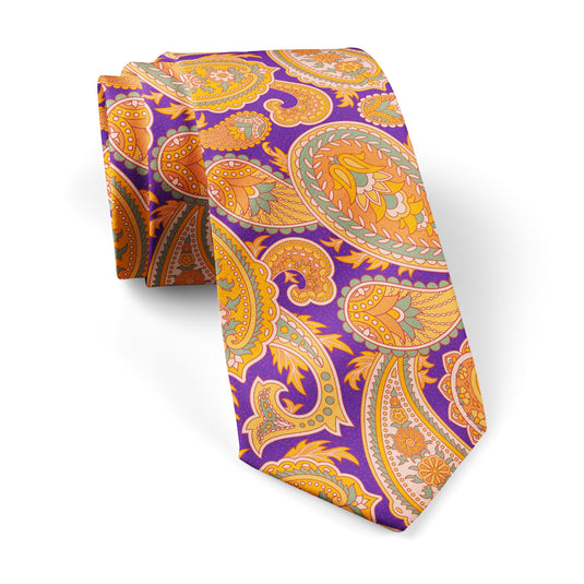 Bold Orange & Violet Purple Paisley Print Tie
