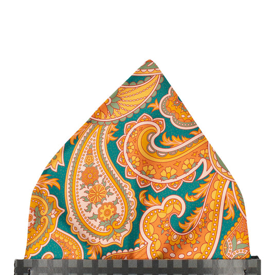 Bold Orange & Teal Blue Green Paisley Print Pocket Square