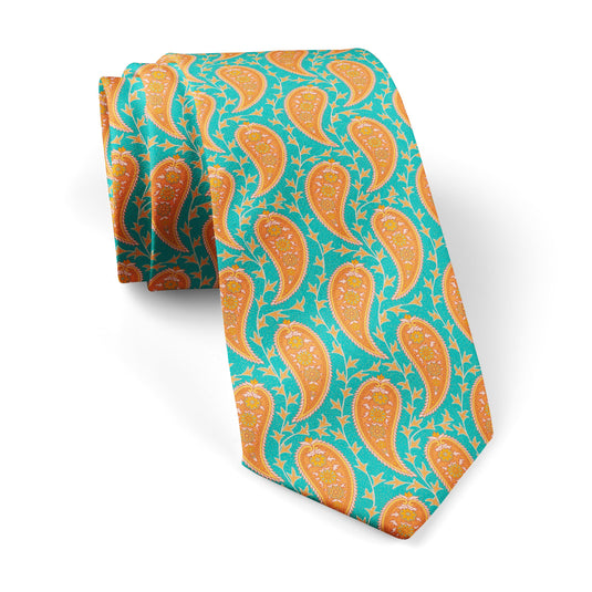 Orange and Teal Dancing Paisley Tie