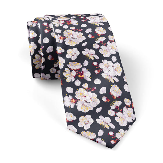 Small Pink Cherry Blossom Midnight Blue Tie
