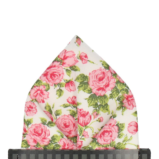 Pink Roses White Cotton Pocket Square - Pocket Square with Free UK Delivery - Mrs Bow Tie