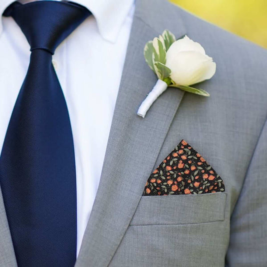 Navy Blue & Amber Ditsy Floral Pocket Square - Pocket Square with Free UK Delivery - Mrs Bow Tie