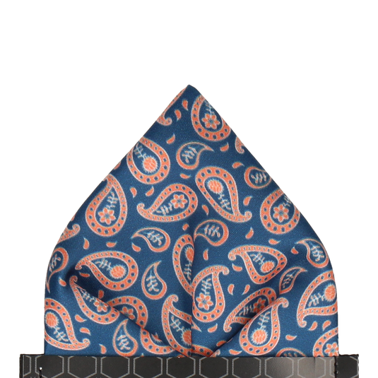 Navy & Orange Tribal Paisley Pocket Square - Pocket Square with Free UK Delivery - Mrs Bow Tie