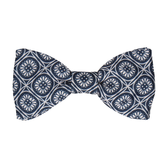 Navy Blue & Silver Geo Floral Pattern Bow Tie - Bow Tie with Free UK Delivery - Mrs Bow Tie