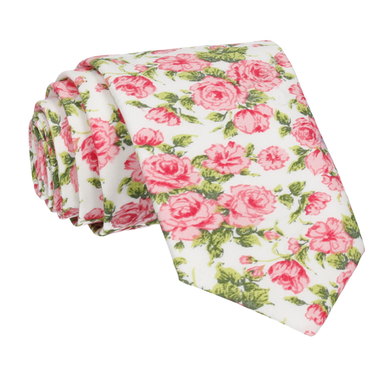 Pink Roses White Cotton Tie - Tie with Free UK Delivery - Mrs Bow Tie