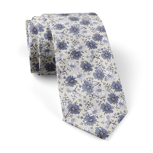 Blue Mix Daisies Pale Grey Tie