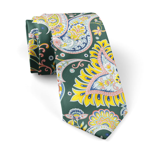 Large Colourful Paisley Dark Green Tie