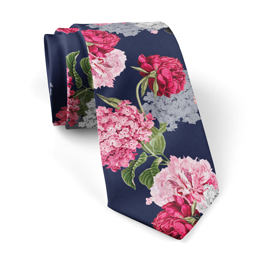 Pink Hydrangeas Navy Blue Floral Wedding Tie