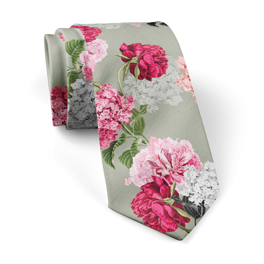 Pink Hydrangeas Sage Green Floral Wedding Tie