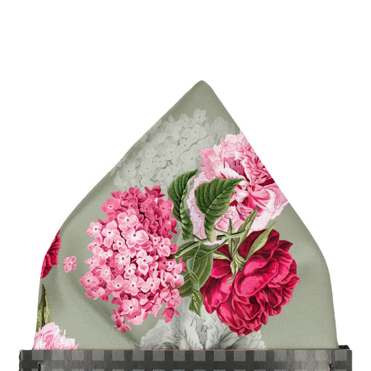 Pink Hydrangeas Sage Green Floral Wedding Pocket Square