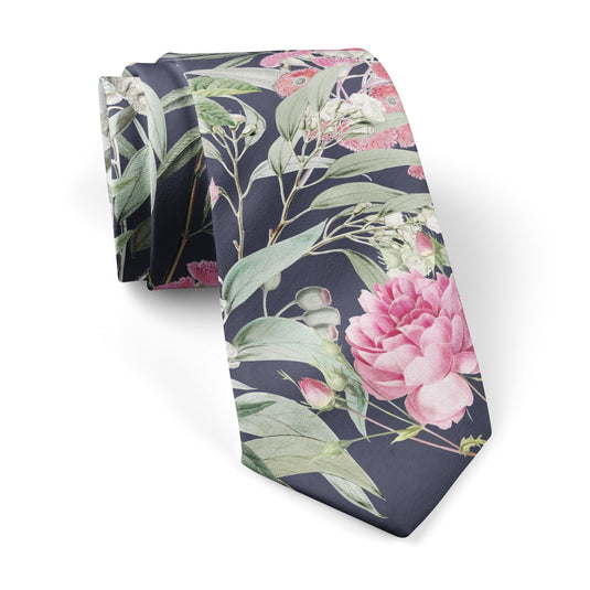 Floral Multicoloured Eucalyptus and Rose Navy Blue Tie
