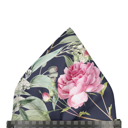 Floral Multicoloured Eucalyptus and Rose Navy Blue Pocket Square