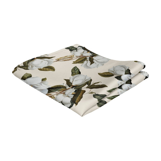 White Magnolia Flowers & Foliage Parchment Pocket Square