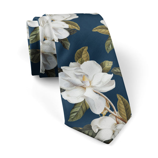 White Magnolia Flowers & Foliage Navy Blue Tie
