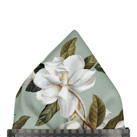 White Magnolia Flowers & Foliage Sage Green Pocket Square