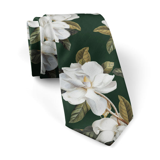 White Magnolia Flowers & Foliage Dark Green Tie