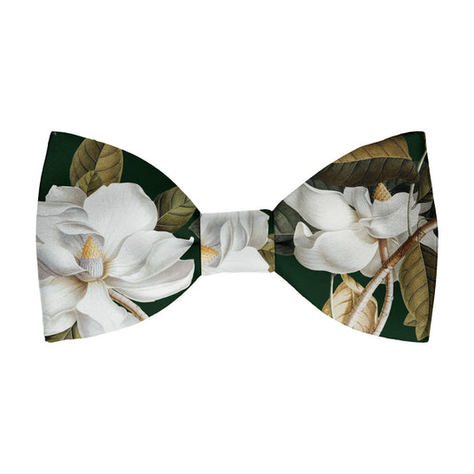 White Magnolia Flowers & Foliage Dark Green Bow Tie