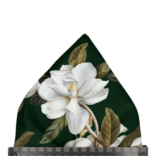 White Magnolia Flowers & Foliage Dark Green Pocket Square