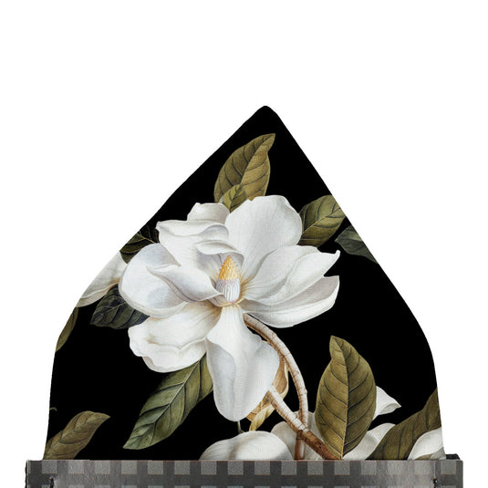 White Magnolia Flowers & Foliage Black Pocket Square