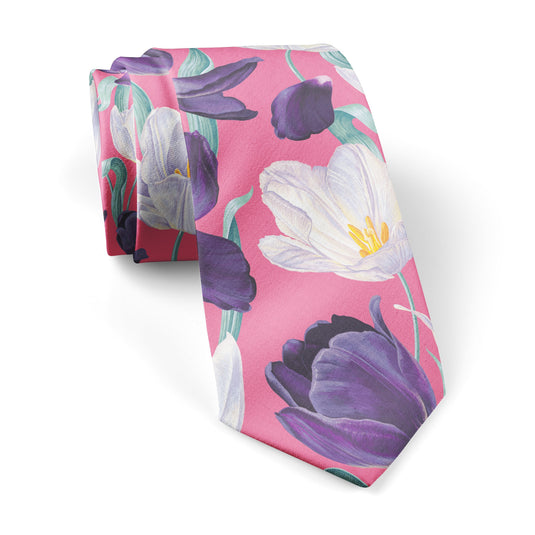 Large White & Purple Tulips Pink Tie