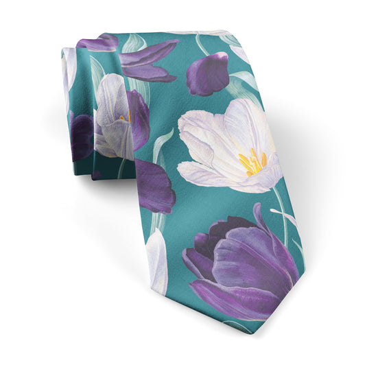Large White & Purple Tulips Teal Tie