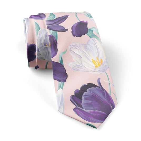 Large White & Purple Tulips Blush Pink Tie