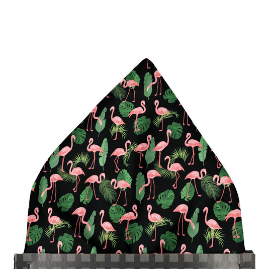 Pink Flamingos and Foliage Jet Black Pocket Square