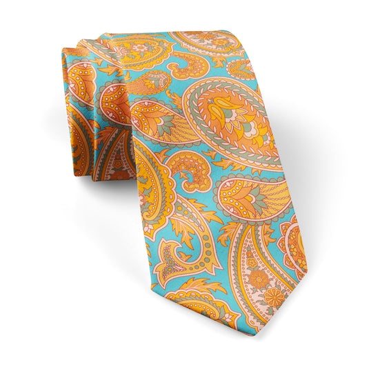 Bold Orange & Aqua Blue Paisley Print Tie