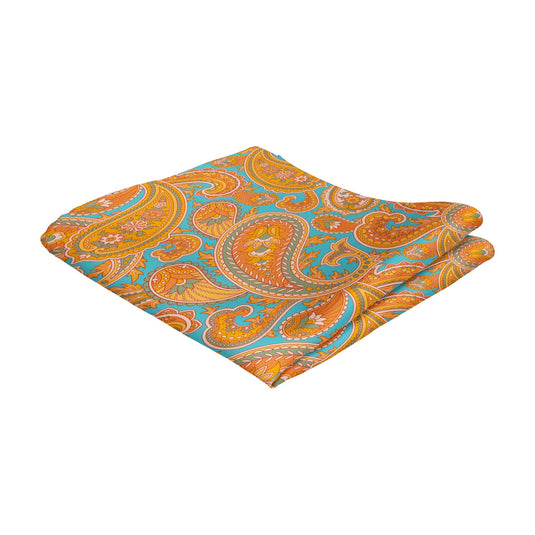 Bold Orange & Aqua Blue Paisley Print Pocket Square