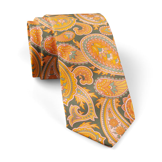Bold Orange & Olive Green Paisley Print Tie