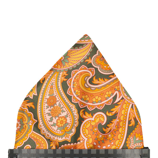 Bold Orange & Olive Green Paisley Print Pocket Square