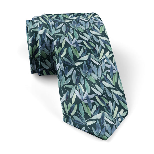 Abstract Watercolour Leaves Dark Blue and Green Tie