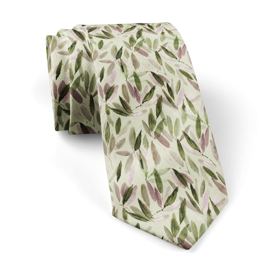 Abstract Watercolour Leaves Sage Green and Heather Tie
