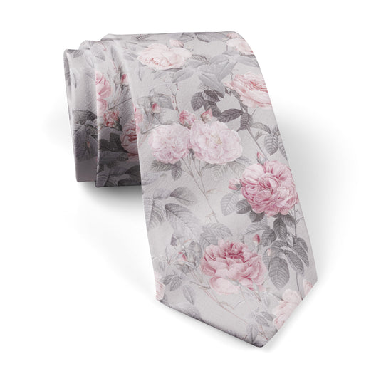 Vintage Floral Roses Soft Pink and Grey Tie