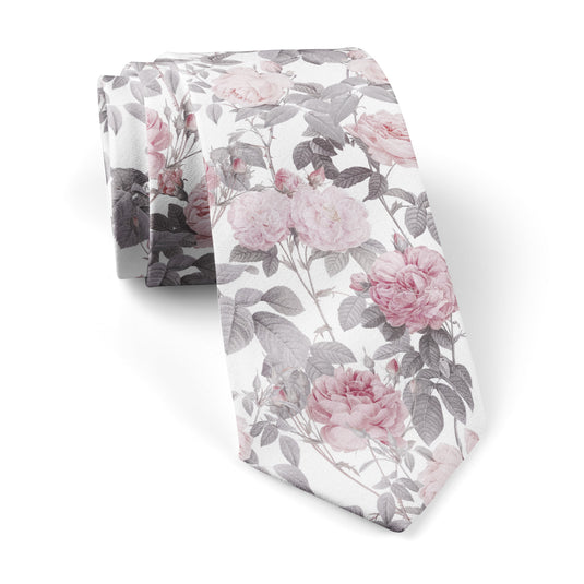 Vintage Floral Roses Pale Pink and White Tie
