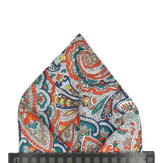 Teal & Orange Paisley Tessa Liberty Cotton Pocket Square - Pocket Square with Free UK Delivery - Mrs Bow Tie