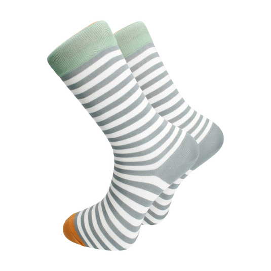 Banded Stripe Grey & Green Combed Cotton Socks