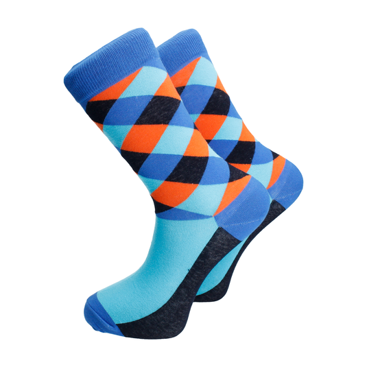 Bold Argyle Check Cobalt, Turquoise & Orange Combed Cotton Socks